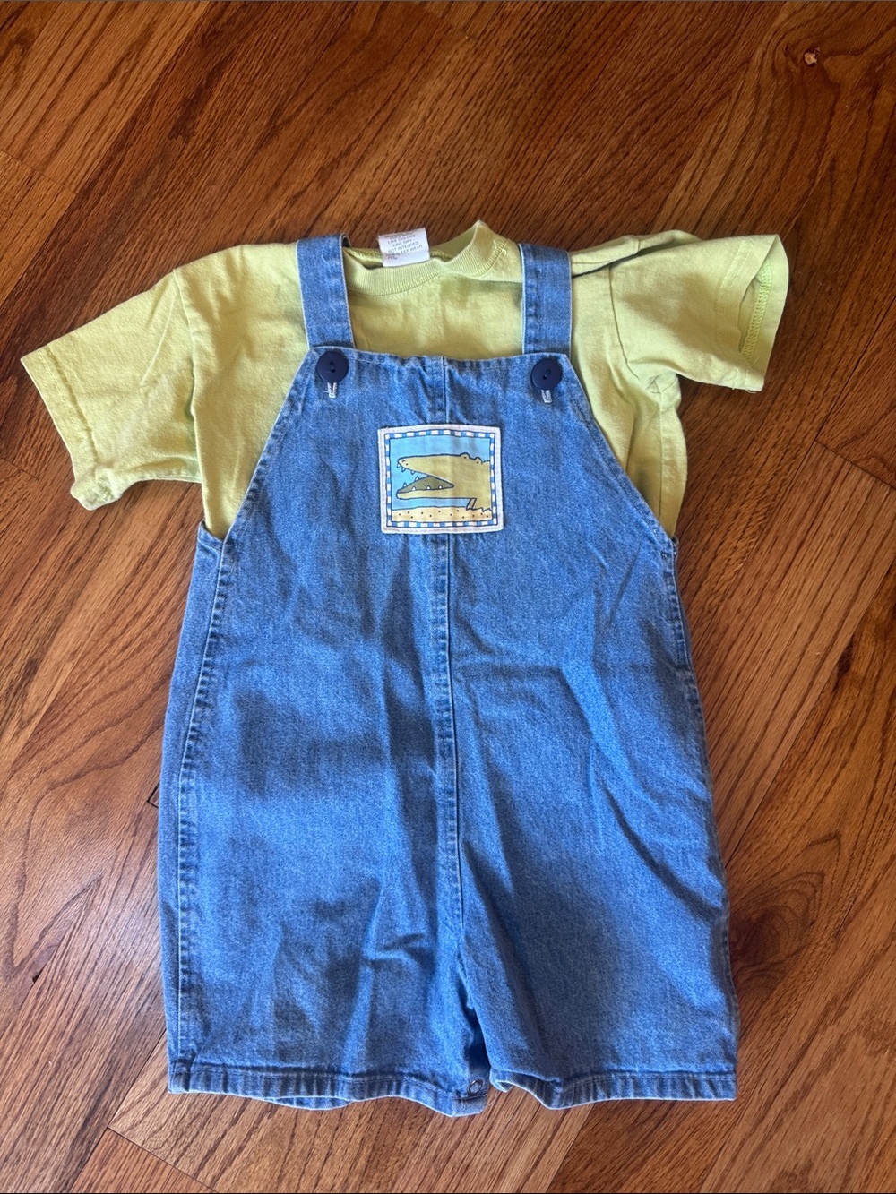 Vintage Mulberry Blue Denim Short Overalls with Yellow Tee